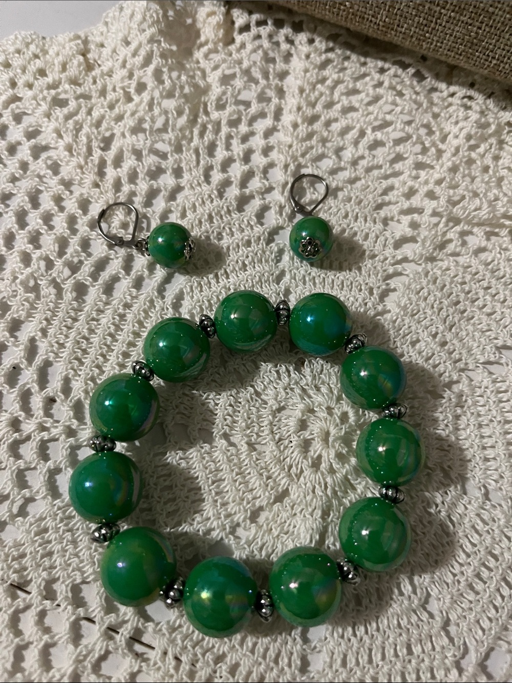 Green Beaded Stretch Bracelet and Earrings Set